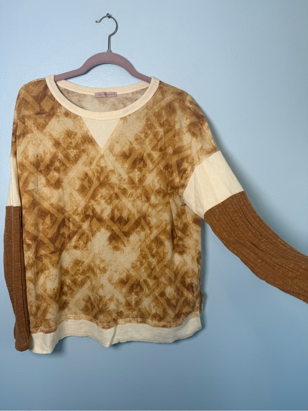 Ces Femme Fall Oversized Cream and Brown Tie-Dye Crewneck Sweater